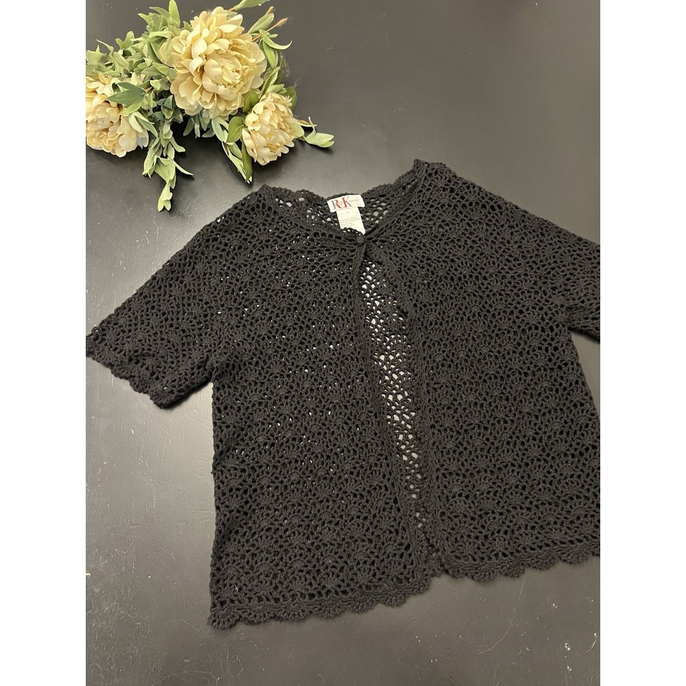 R&K Originals 90s Vintage Y2K Black Crochet Open Front Cardigan Blouse Sz 12